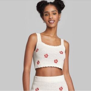 Women’s Scoop Neck Sweater - Floral Crochet Crop Knit Top - Cream